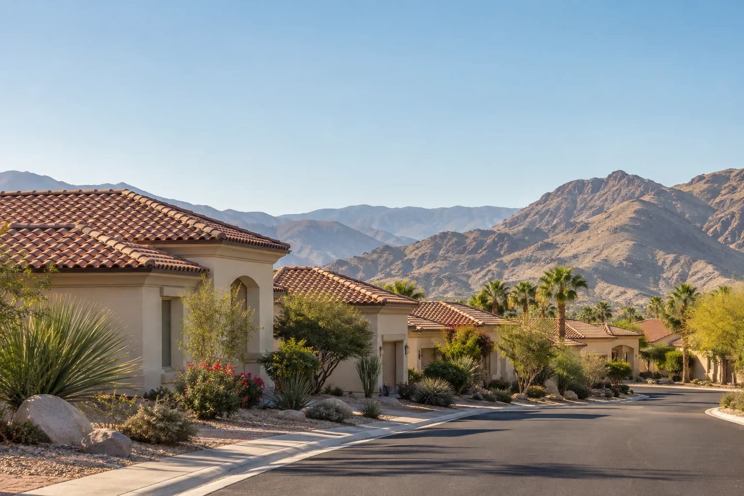 Representative desert neighborhood with palm trees and mountain views