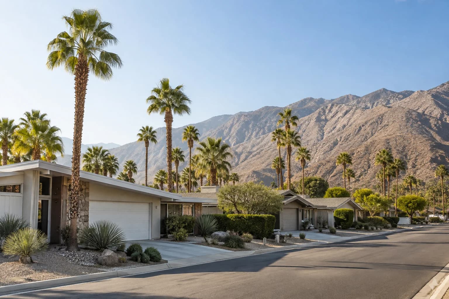 Representative desert neighborhood with palm trees and mountain views